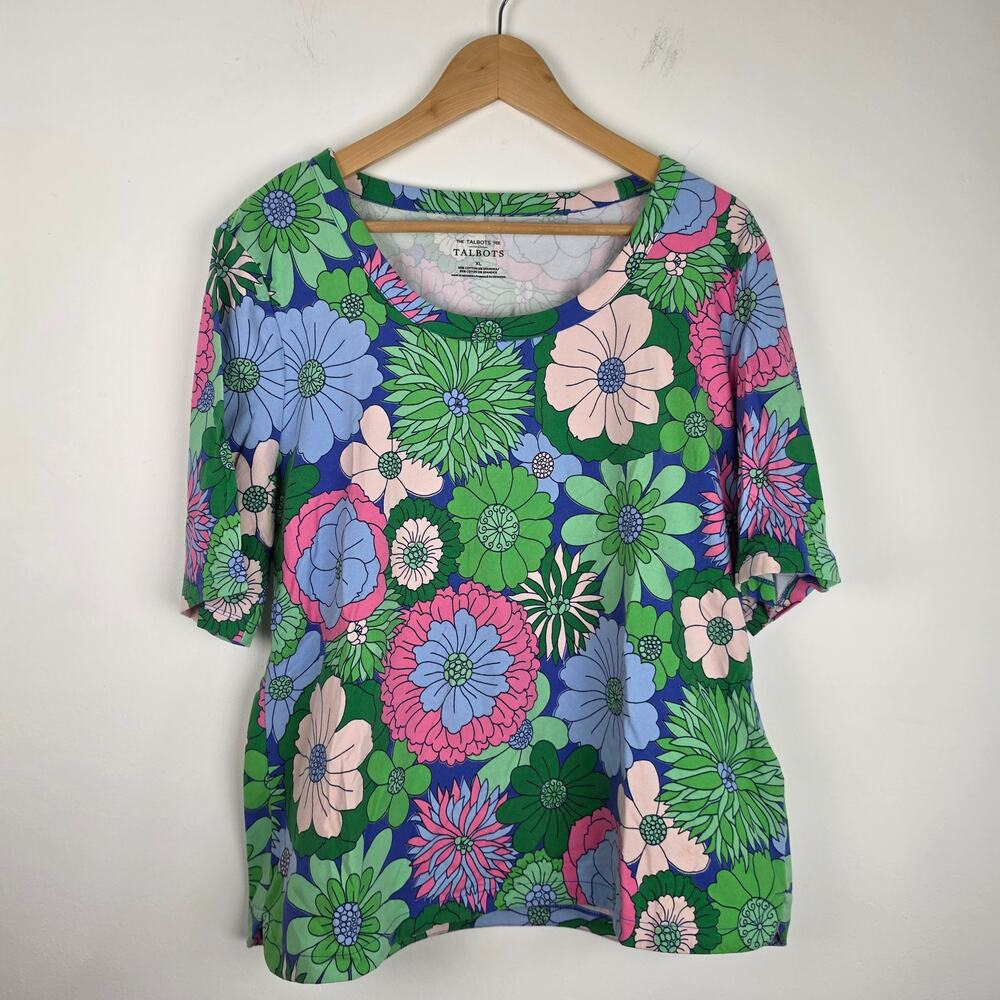 Talbots THE Talbots Tee Short Sleeve Floral Print Pima Cotton Scoop Neck Size XL